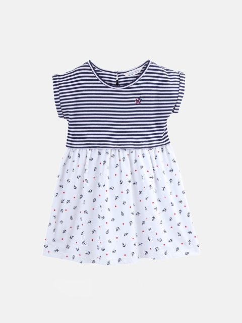 

Beebay Girls White & Navy Blue Striped Fit and Flare Dress