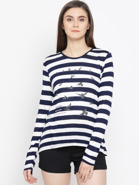 

Crimsoune Club Women White & Navy Blue Striped Slim Fit Round Neck T-shirt