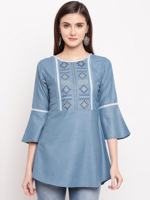 

Kvsfab Women Blue Solid A-Line Embroidered Kurti