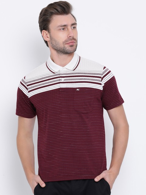 

Monte Carlo Men White & Maroon Striped Polo Collar T-shirt