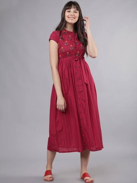 

Vishudh Women Maroon & Green Floral Embroidered Fit and Flare Dress