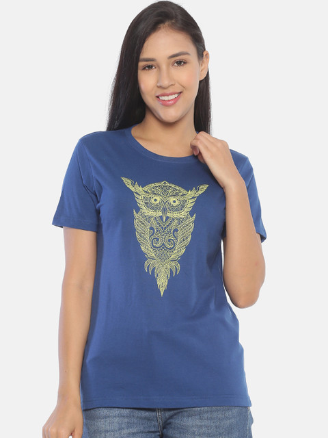 

OBOW Women Blue & Yellow Printed Round Neck T-shirt