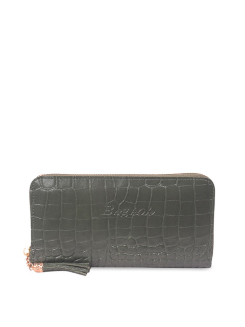 

Bagkok Women Olive Green Self Design Zip Around Wallet