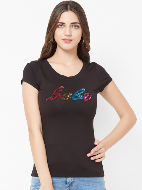 bebe Women Black Self Design Round Neck T-shirt