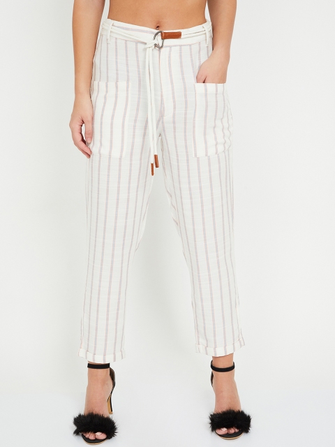 

Ginger by Lifestyle Women Off-White & Grey Regular Fit Striped Peg Trousers