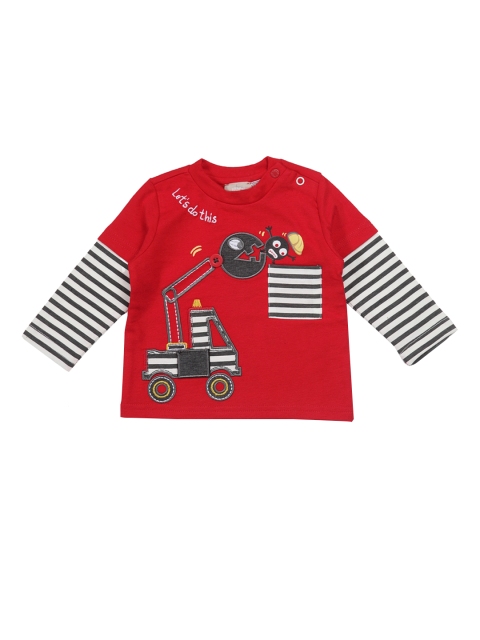 Boys Red Printed Round Neck Pure Cotton T-shirt