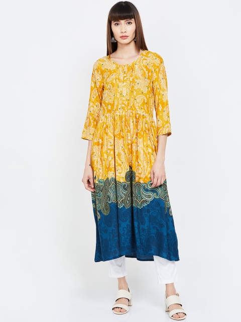 

Melange by Lifestyle Women Mustard Yellow & Blue Printed Straight Kurta