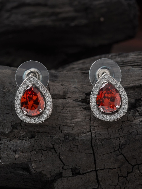

E2O Red & Silver-Toned Teardrop Shaped Studs