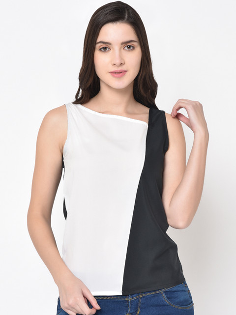 

PHWOAR Women White & Black Colourblocked Top