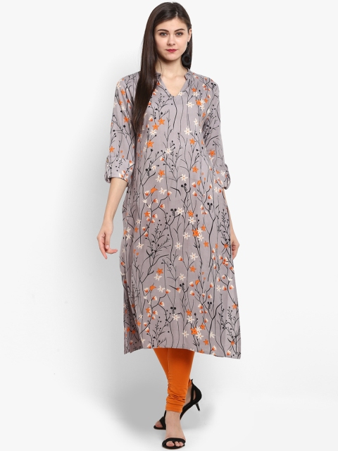 

Fashion String Women Grey & Orange Floral Printed Straight Kurta
