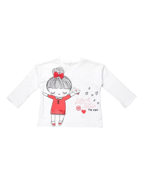 Girls White Printed Round Neck T-shirt