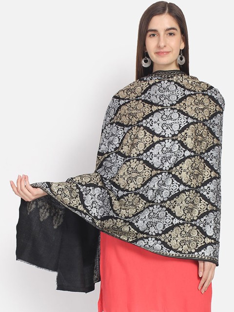 

Anekaant Women Black & Gold-Toned Embroidered Woolen Shawl