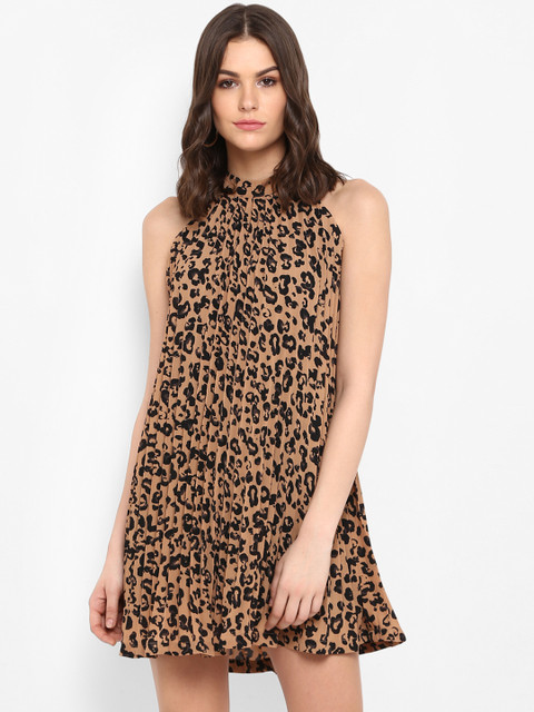 

MIAMINX Women Brown Leapord Printed A-Line Dress