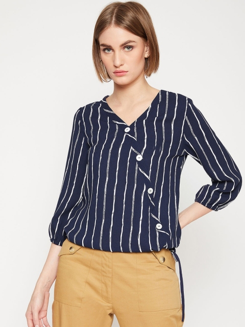 

Marie Claire Women Navy Blue & White Striped Wrap Top