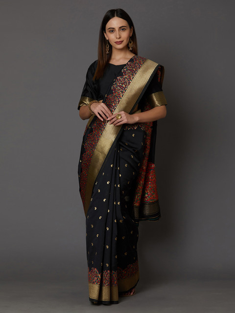 

Mitera Black & Gold-Toned Silk Blend Woven Design Banarasi Saree