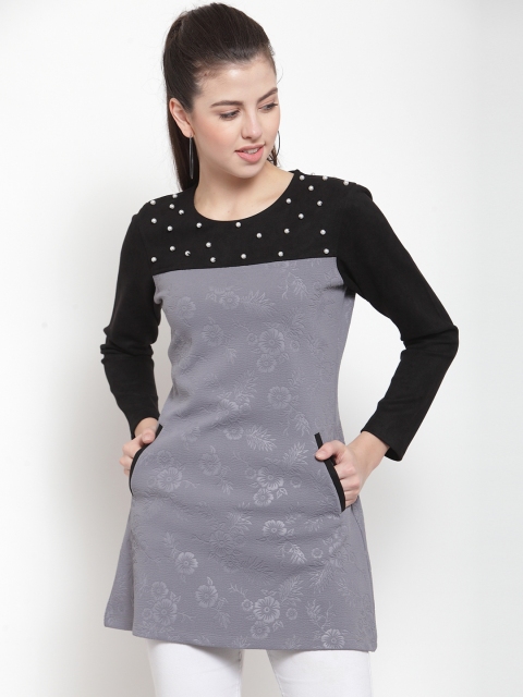 

armure Women Charcoal Grey & Black Suede Finish Self Design Tunic