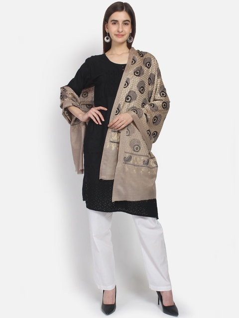 

Anekaant Women Taupe & Black Paisley Embroidered Pure Wool Shawl
