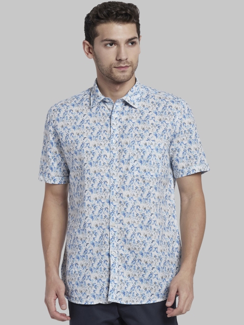 

Parx Men White & Blue Slim Fit Printed Casual Linen Shirt