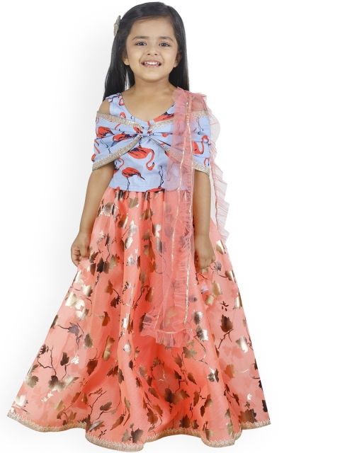 

LilPicks Girls Peach-Coloured & Blue Printed Ready to Wear Lehenga & Blouse with Dupatta