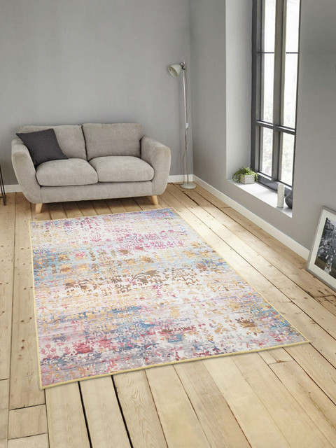 

ROMEE Brown & Blue Printed Polyester Chenille Anti-Skid Carpet