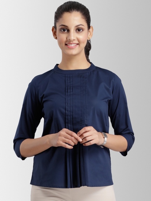 

FableStreet Women Navy Blue Solid Styled Back Pure Cotton Top