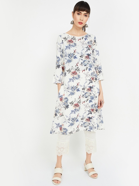 Melange by Lifestyle Women White & Blue Printed A-Line Kurta