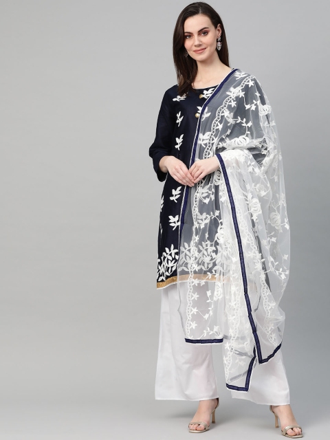 

Ishin Women Navy Blue & White Embroidered Kurta with Palazzos & Dupatta