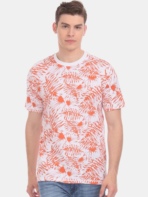 

Cherokee Men White Orange Printed Round Neck Pure Cotton T-shirt