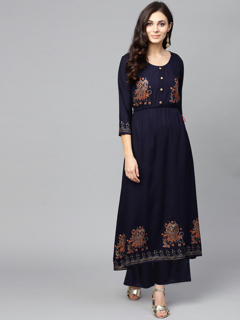 

Ishin Women Navy Blue Printed A-Line Kurta