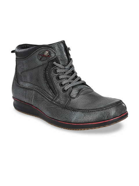 

Hitz Men Grey Solid Leather Mid-Top Flat Boots