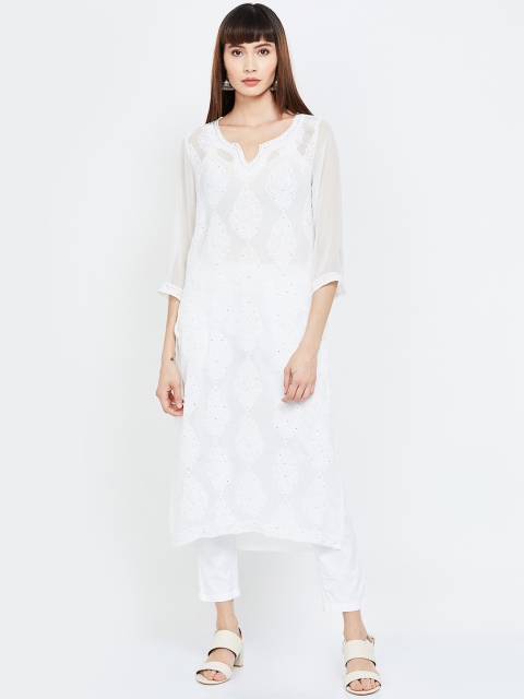 

Melange by Lifestyle Women White Embroidered Straight Kurta