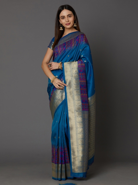 

Mitera Blue & Gold-Coloured Silk Blend Woven Design Banarasi Saree