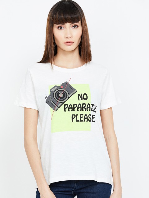 

Ginger by Lifestyle Women White Printed Round Neck T-shirt