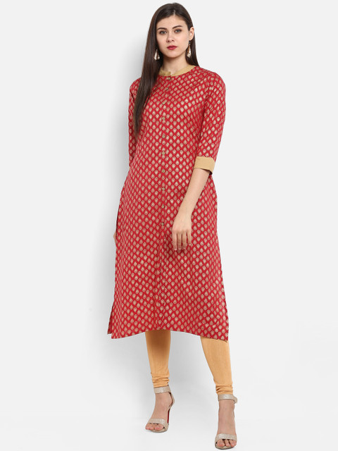 

Fashion String Women Red & Gold-Toned Printed Straight Kurta