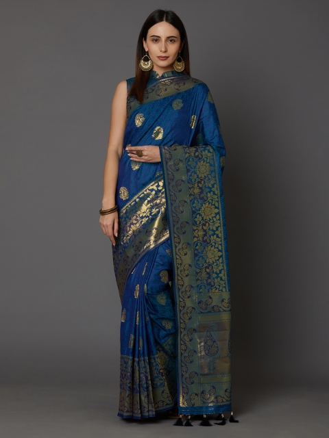 

Mitera Blue & Gold-Coloured Silk Blend Woven Design Banarasi Saree