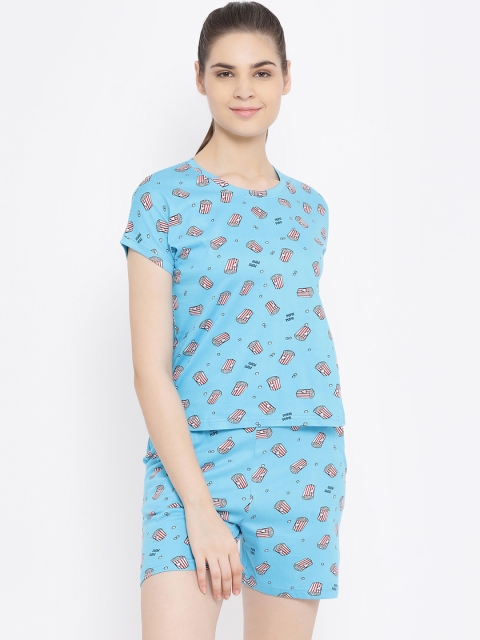 Kanvin Women Turquoise Blue Printed Night Suit