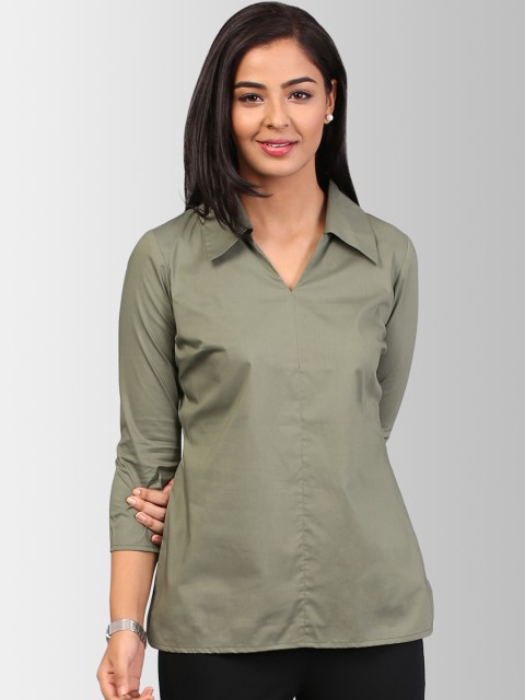

FableStreet Women Olive Green Regular Fit Solid Formal Shirt