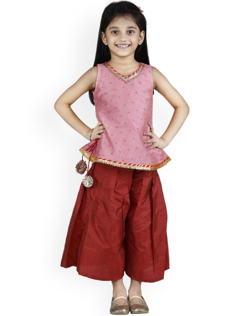 

LilPicks Girls Pink & Maroon Brocade Top with Culottes