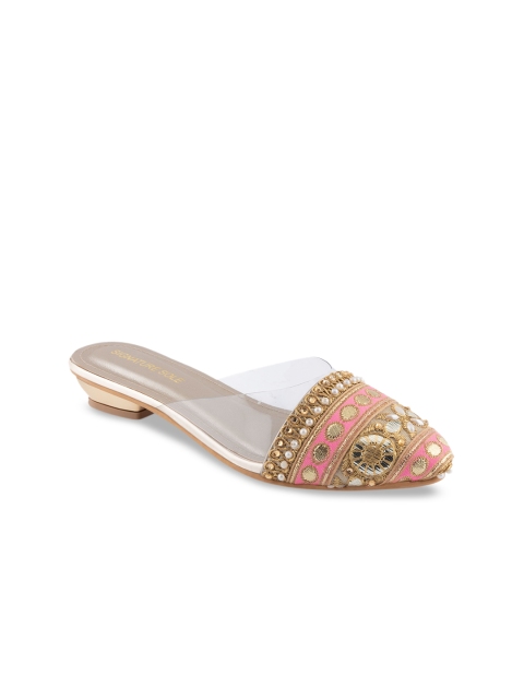 

Signature Sole Women Pink & Golden Embroidered Mules