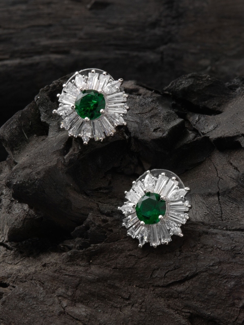

E2O Rhodium-Plated White & Green Contemporary Studs