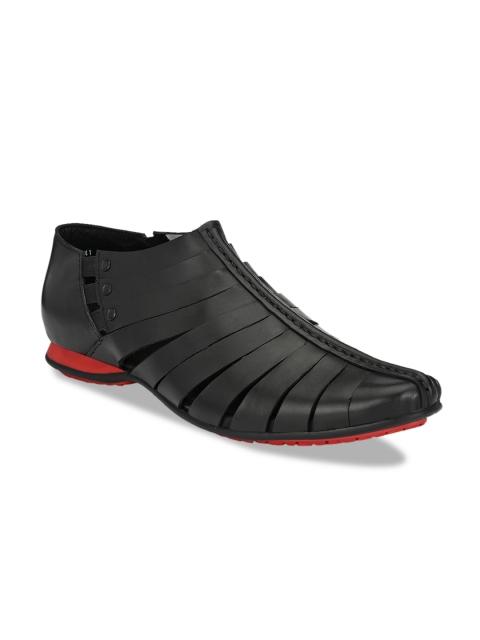 

Hitz Men Black Solid Leather Shoe-Style Sandals