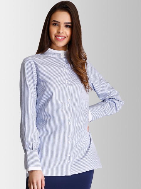 

FableStreet Women Blue Slim Fit Striped Formal Shirt