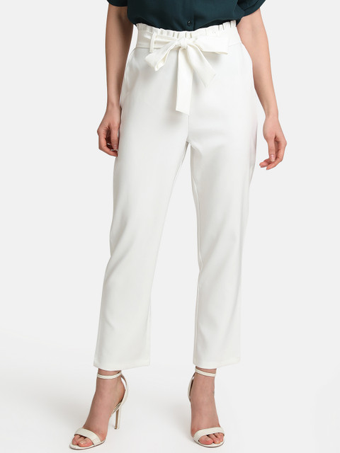 

Kazo Women White Straight Fit High-Rise Paper Bag Trousers with Belt