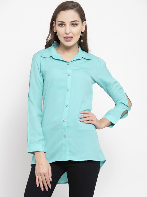 

klauressa Women Turquoise Blue Solid Shirt Style Top