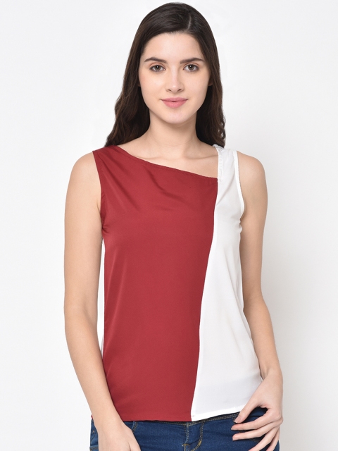 

PHWOAR Women Maroon & White Colourblocked Top