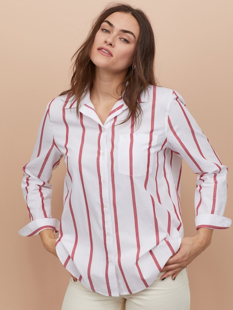 

H&M Women White & Red Striped Cotton Shirt