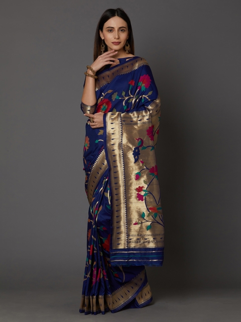 

Mitera Navy Blue Silk Blend Woven Design Banarasi Saree