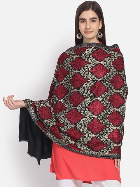 

Anekaant Women Black & Magenta Pure Woolen Ethnic Embroidered Shawl