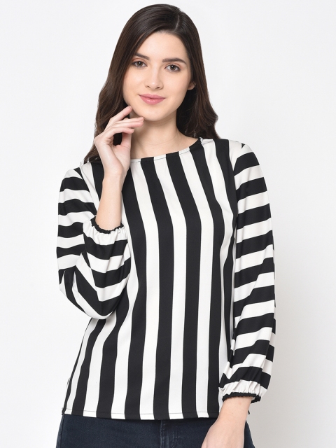 

PHWOAR Women Black & White Striped Top