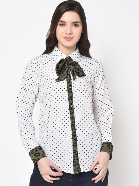 

PHWOAR Women White & Green Printed Shirt Style Top